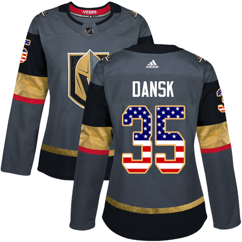 Adidas Golden Knights #35 Oscar Dansk Grey Home Authentic USA Flag Women's Stitched NHL Jersey - Click Image to Close